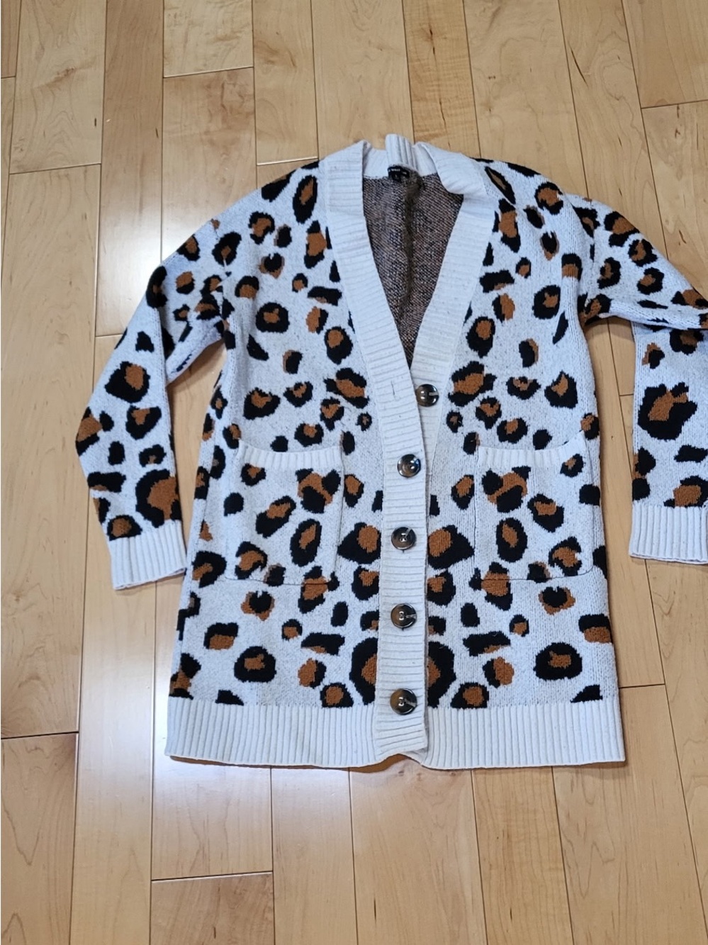 Leopard Print Button-Front Cardigan Jacket - White/Tan/Black